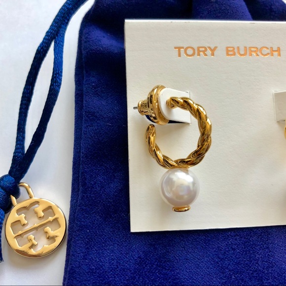 Tory Burch Rope Pearl Gold Earrings New w/ Pouch - Picture 3 of 7